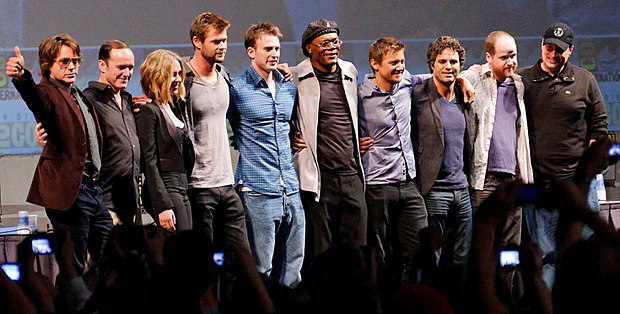 Whedon with the cast of The Avengers and Kevin Feige at the 2010 San Diego Comic-Con International.