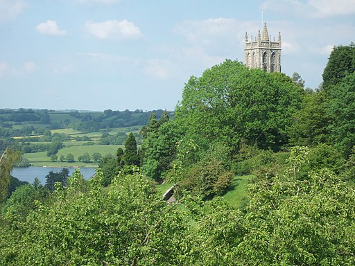 The tower of Blagdon Church, with the lake in background (geograph 2211583)