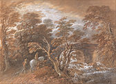 Hilly Landscape with Figures Approaching a Bridge (c. 1763), watercolour, Yale Center for British Art