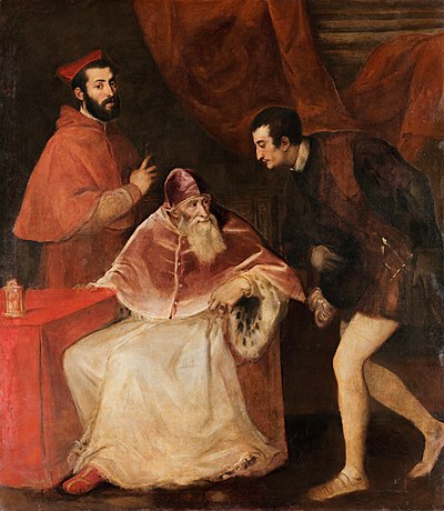 Pope Paul III and his Grandsons Cardinal Alessandro Farnese (left), and Ottavio Farnese, Duke of Parma (right), II Duke of Parma since 1547. A triple portrait by Titian, 1546