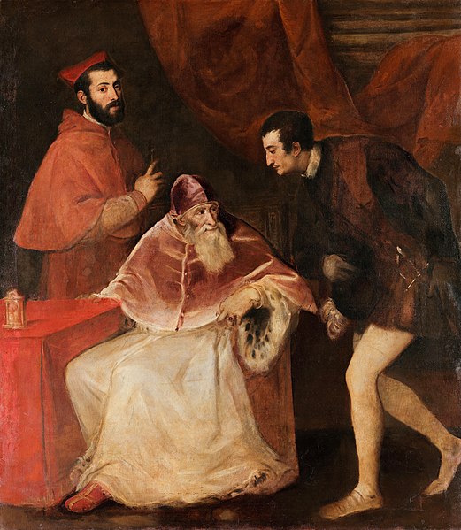 Pope Paul III and his Grandsons Cardinal Alessandro Farnese (left), and Ottavio Farnese, Duke of Parma (right), II Duke of Parma since 1547. A triple 