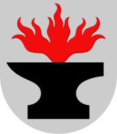 A fiery anvil in the coat of arms of the Tohmajarvi municipality Tohmajarvi.vaakuna.svg