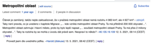 見出しの新しいデザイン、ウィキペディアチェコ語版の例。トーク ページの中見出し（レベル 2、デスクトップ版の画面キャプチャ）