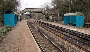 Turquoise shelters at Danescourt railway station, Cardiff (geograph 4389207).jpg