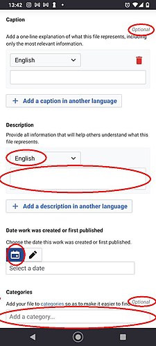 Kemudian untuk "Caption" atau Takarir, bisa Anda kosongkan. Isi "Description" atau Deskripsi sesuai bahasa. Anda bisa memilih menulis deskripsi dalam bahasa Indonesia ataupun Inggris. Kemudian isi tanggal (apabila Anda ragu atau lupa, bisa diisi tanggal hari ini), kemudian (opsionial) Anda bisa menambahkan kategori untuk gambar Anda.