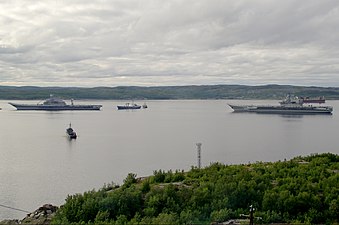 Admiral Kuznetsov (right) at anchor in Severomorsk, alongside the Indian Navy aircraft carrier INS Vikramaditya, July 2012