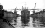 USS Audubon in floating drydock, Guiuan, Samar, Aug 1945