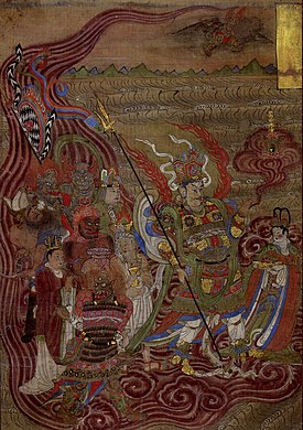 Vaixravana cavalgando através das ondas, século X, gruta em Dunhuang. O culto de Vaixravana tornou-se proeminente no budismo esotérico em meados da dinastia Tang.[115]