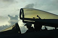 Valiant Shield - A pilot from Strike Fighter Squadron VFA27 lowers the cockpit of his FA-18E Super Hornet prior to launching off the flight deck of USS Kitty Hawk CV 63