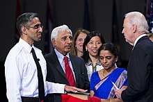 Murthy was sworn in as surgeon general of the United States by Vice President Joe Biden with his father Lakshminarasimha Murthy, fiancee Alice Chen and mother Maithreya Murthy looking on, April 22, 2015. Vivek Murthy sworn in as surgeon general 1.jpg