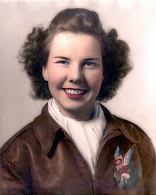 Portrait of Dorothy Olsen wearing a World-War II style bomber jacket.