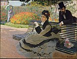 Camille Monet assise sur un banc de jardin, Monet