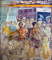 Achilles' surrender of Briseis to Agamemnon, from the House of the Tragic Poet in Pompeii, fresco, 1st century AD, now in the Naples National Archaeological Museum Wall painting - Briseis taken away from Achilles - Pompeii (VI 8 5) - Napoli MAN 9105 - 01.jpg