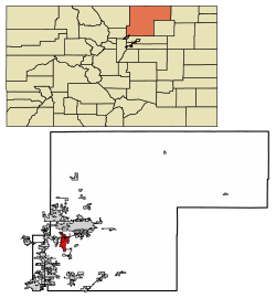 Weld County Colorado Incorporated and Unincorporated areas Milliken Highlighted 0850480.svg