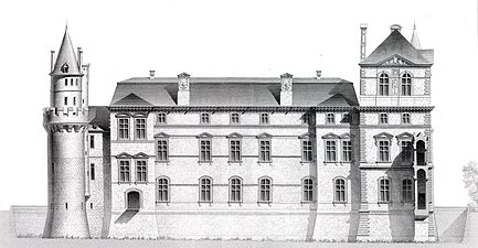 1560年頃のレスコ翼西側ファサード。建築家アンリ・ルグランが古文書から描き起こした立面図（1868年）[21]。