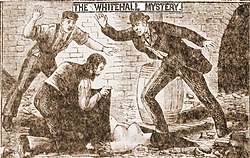 Contemporary newspaper illustration of the Whitehall Mystery, depicting the discovery of the victim's torso Whitehall murder school illustration.jpg