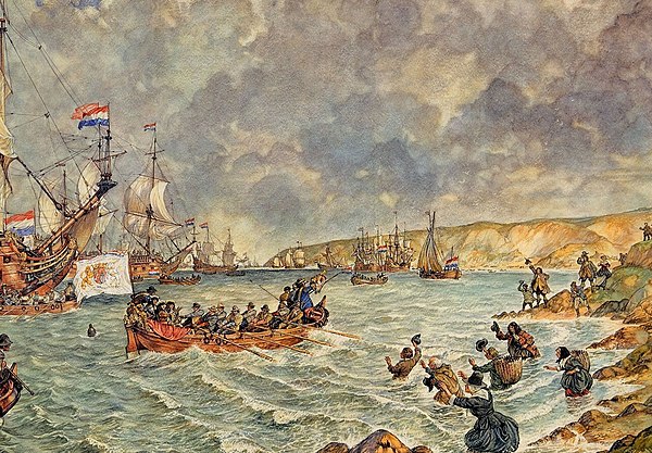 The Prince of Orange landing at Torbay as depicted in an illustration by Jan Hoynck van Papendrecht