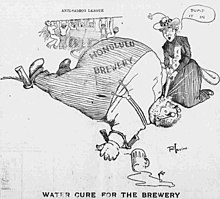 This 1902 illustration from the Hawaiian Gazette shows the Anti-Saloon League and the Woman's Christian Temperance Union's campaign against beer brewers. The "water cure" was a form of torture that was in the news because of its use in the Philippines. Woman's Christian Temperance Union Cartoon.jpg