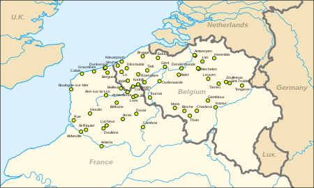 Verspreiding van de belforten op de werelderfgoedlijst in België en Frankrijk.