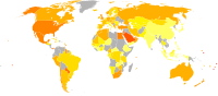 انتشار السمنة في العالم بين الذكور (على اليمين) والإناث (على اليسار).[177]   <5%   5–10%   10–15%   15–20%   20–25%   25–30%   30–35%   35–40%   40–45%   45–50%   50–55%   >55% alt=