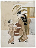 Harunobu : Jeune femme admirant un lapin des neiges