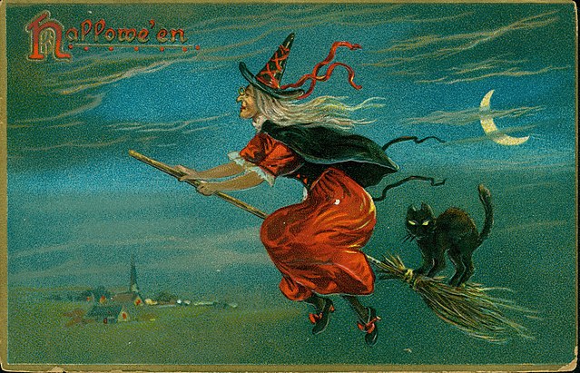 640px-"Hallowe'en."_(A_Witch_riding_a_broomstick_with_a_black_cat).jpg (639×411)