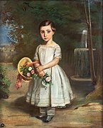 Portrait d'enfant à la robe blanche et bouquet de roses (Portrait of a child in a white dress with a bouquet of roses) by Gabriel Durand