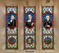 Stained glass of Charles Wesley, John Wesley, and Francis Asbury at Lake Junaluska