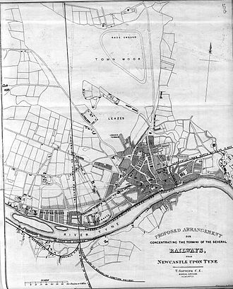 Richard Grainger's 1836 plan of Newcastle created for his proposal for a central Newcastle railway station by Thomas Sopwith 1836 map of Grainger's railway termini proposal for Newcastle.jpeg