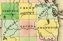 A detail from A New Map of Michigan with its Canals, Roads & Distances (1842) by Henry Schenck Tanner, showing Alcona County as Negwegon, the county's name from 1840 to 1843.[4] Several nearby counties are also shown with names that would later be changed.