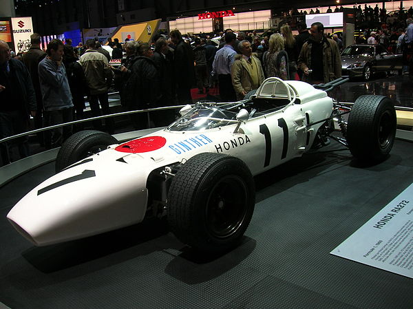 Restored 1965 Honda RA272, the first Japanese car to win in Formula One. The car is painted in the racing colours of Japan.