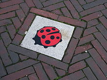 The ladybug street tile is a symbol against "senseless violence" in the Netherlands and is often placed on the sites of deadly crimes. 2008-09 alphen geen geweld.JPG