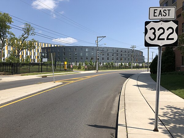 View east along US 322 at Rowan Boulevard in Glassboro