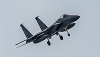 A US Air Force F-15C Eagle, tail number 85-0114, on final approach at Kadena Air Base in Okinawa, Japan.