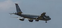 A KC-135R Stratotanker, tail number 62-3565, on final approach at Kadena Air Base in Okinawa, Japan in March 2020. It is assigned to the 909th Air Refueling Squadron at Kadena AB.