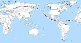 Planisphäre mit einer Kurve, die die Aufprallzone darstellt.  Von West nach Ost beginnt sie in Kasachstan, durchquert Russland entlang der Mongolei, verlässt sie über die Halbinsel Kamtschatka, weidet die Aleuten ab, überquert den Pazifik vorbei an Mexiko, durchquert Mittelamerika bei Nicaragua, durchstreift Venezuela und überquert den Atlantik, um Senegal zu beenden .