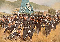 Prinz August führt sein Regiment (2. Schlesisches Infanterieregiment) in der Schlacht bei Kulm 1813 an