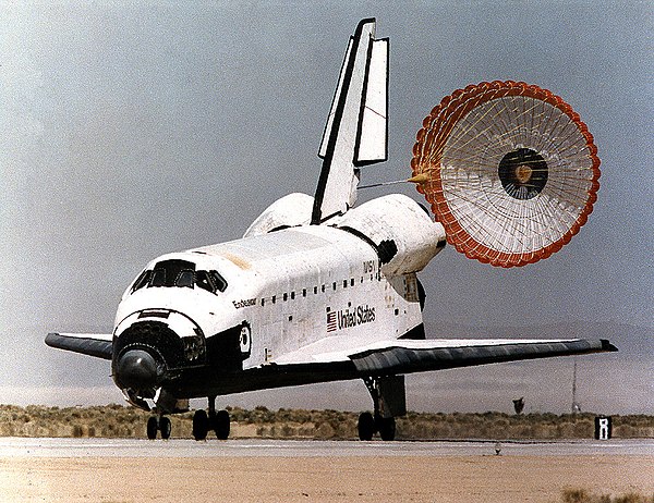 A drag chute is deployed by Space Shuttle Endeavour during landing