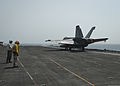 A U.S. Navy F-A-18E Super Hornet aircraft assigned to Strike Fighter Squadron (VFA) 146 launches from the flight deck aboard the aircraft carrier USS Nimitz (CVN 68) in the Gulf of Oman June 15, 2013 130615-N-LP801-049.jpg