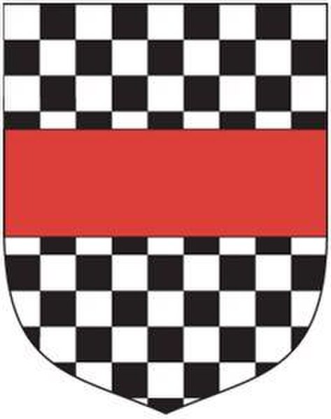 Arms of Acland: Chequy argent and sable, a fesse gules