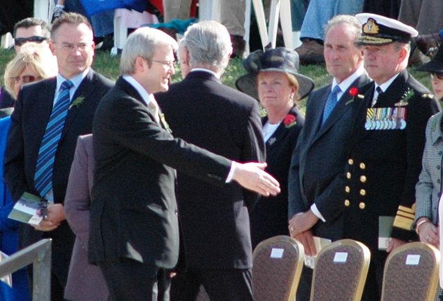 Vice Admiral Russ Shalders, the then Chief of Navy, being greeted by then Prime Minister of Australia Kevin Rudd at the 2008 National Anzac Day Servic