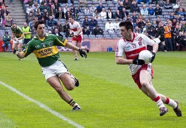 Gaelic footballers in action during the 2009 National Football League Final