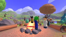Renkli ağaçlar ve konuşan insanlarla Altspace kamp ateşi dünyasının ekran görüntüsü.