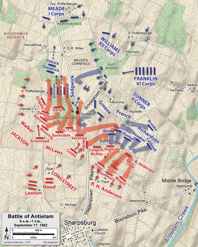 Assaults by Mansfield/William's XII Corps and Sumner's II Corps,
9 a.m. to 1 p.m. Antietam0900.png