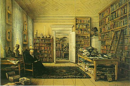 Humboldt in his library in his apartment, Oranienburger Straße, Berlin, by Eduard Hildebrandt
