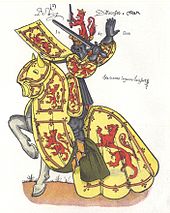 Heraldic depiction of the King of Scots from a 15th-century French armorial Armorial depiction of the King of Scots.jpg