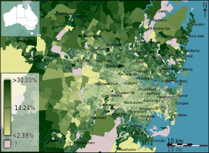 The fraction of the population of the Sydney metropolitan area that stated their religious affiliation as Anglican in the 2011 census, divided geographically by statistical area level 1 Australian Census 2011 demographic map - Inner Sydney by SA1 - BCP field 2715 Christianity Anglican Persons.svg