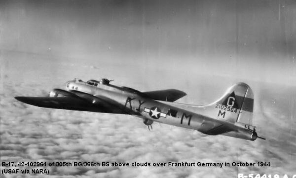 B-17G Flying Fortress of the 366th Bomb Squadron on a mission to Frankfurt in October 1944