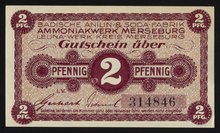 Company scrip from Badische Anilin- und Soda-Fabrik, 2 Pfennig Gutschein, ca. 1918 Badische Anilin- & Soda-Fabrik 2 Pfennig Gutschein.tiff