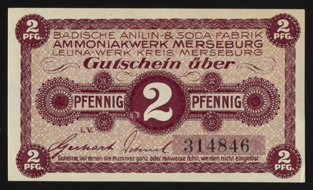 Company scrip from Badische Anilin- und Soda-Fabrik, 2 Pfennig Gutschein, ca. 1918